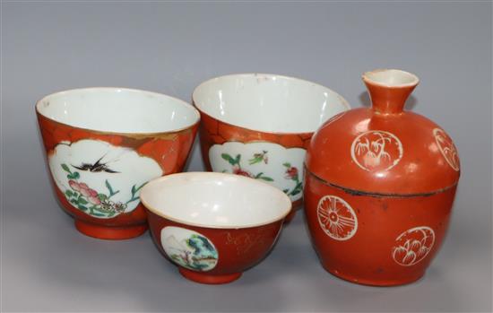 A Chinese coral ground chupu and three similar cups, late 19th/early 20th century, H. 3.7cm - 10cm
